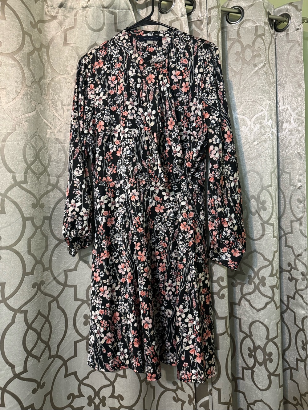 Tommy Hilfiger Black Floral Long Sleeve Midi Dress with Pink & White Blooms